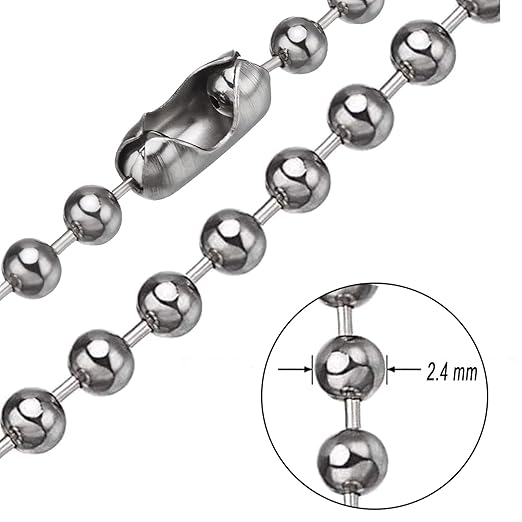 33ft Stainless Steel Ball Chain Necklace, 2.4mm Ball Bead Chain with 60pcs #3 Matching Connectors, Silver Metal Pull Chain for Dog Tag, Jewelry Making Kit, Mens Military Keychain, DIY Crafts