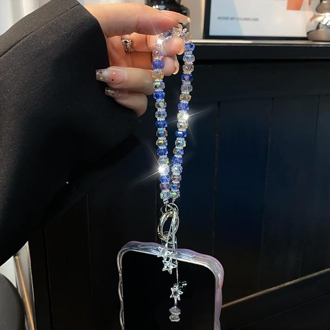 Zircon Star Pendant Crystal Beads Aesthetic Keychain Wristlet Purse Charms Bule Pink Glass Beads Car Key Chain Women Bag Charms Star Tassel Sparkly Bead Keychains Phone Charm Y2K Keychain Accessories