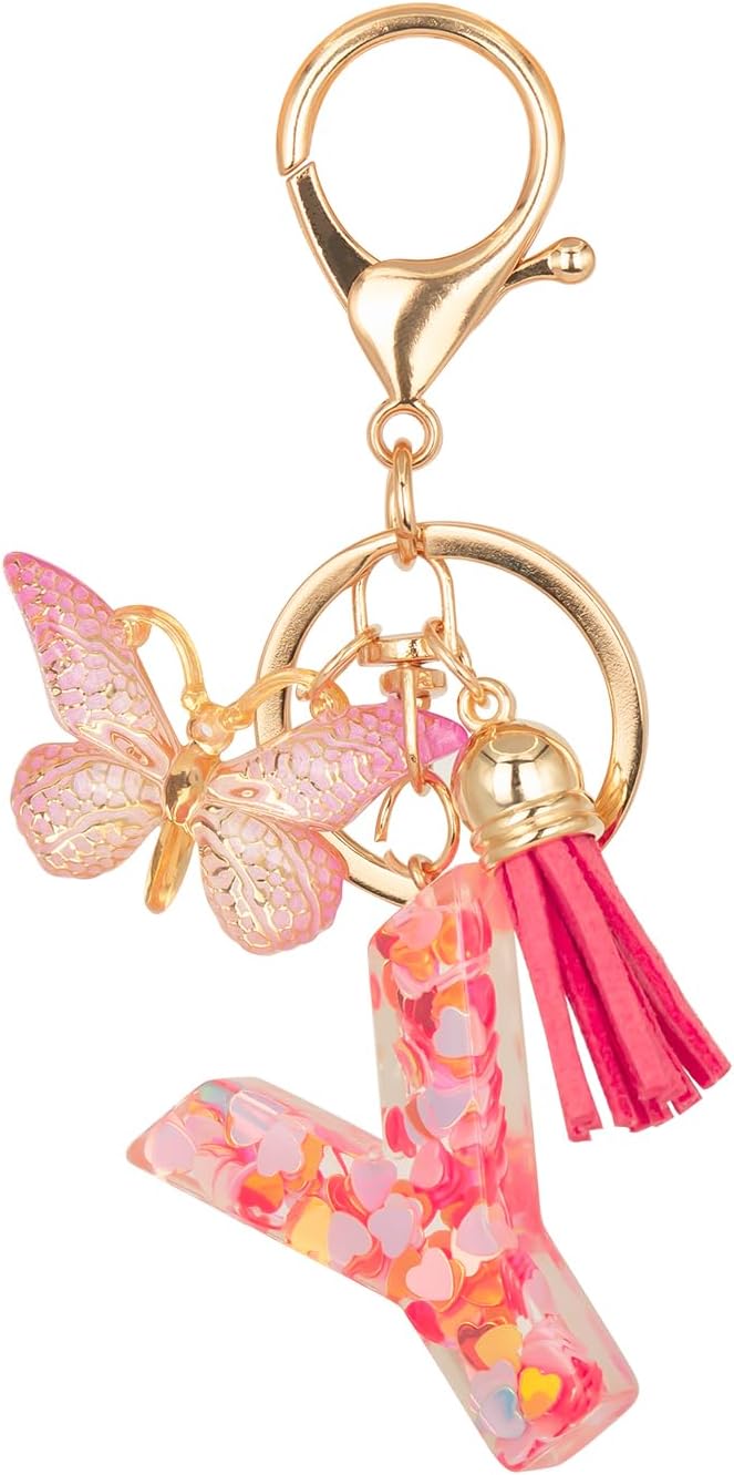 Initial Keychain Cute Pink Resin Letter and Butterfly Charms Keychains for Backpack Purses