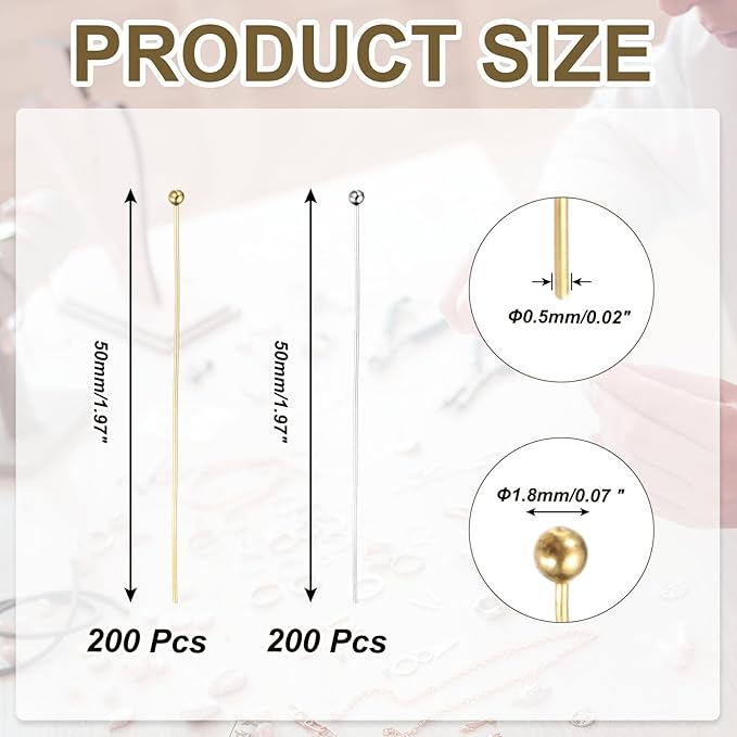 PATIKIL 2 Inch Ball Pins, Jewelry Making Headpins Straight Pins Findings Bendable for DIY Craft Bracelet Necklace Earring Pendant Making Supplies-400Pcs(Silver Gold)