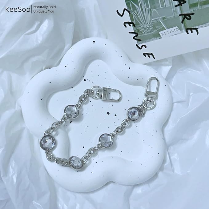 Original Pearl & Crystal Metal Vintage Phone Chain, Versatile with Premium Silver Metal Phone Tab (White Pearl)