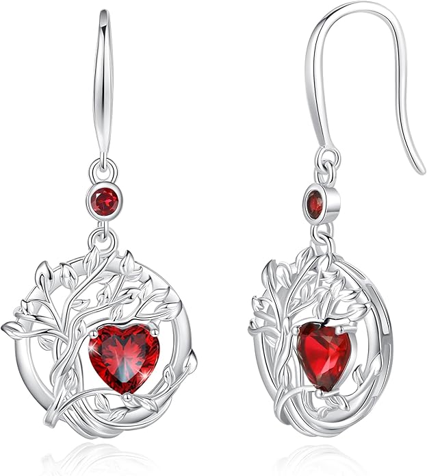 FANCIME Tree of Life Dangle Drop Earrings 925 Sterling Silver Dainty Round Gemstone Birthstone Earring Fine Jewelry Birthday Christmas Gifts for Her Women