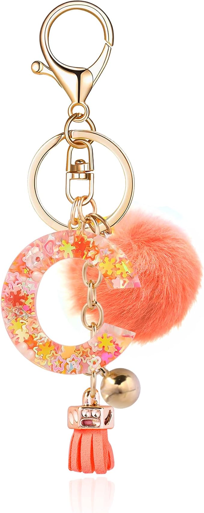 Resin Alphabet Initial Letter Keychain Keyring for Women Purse Handbags With Fur Ball Pom