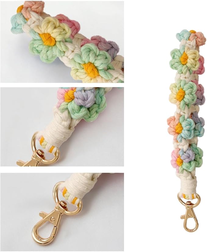 Boho Keychain Handmade Keychain Wristlet Key Chain Wrist Lanyard for Keys Cute daisy keychain for Women