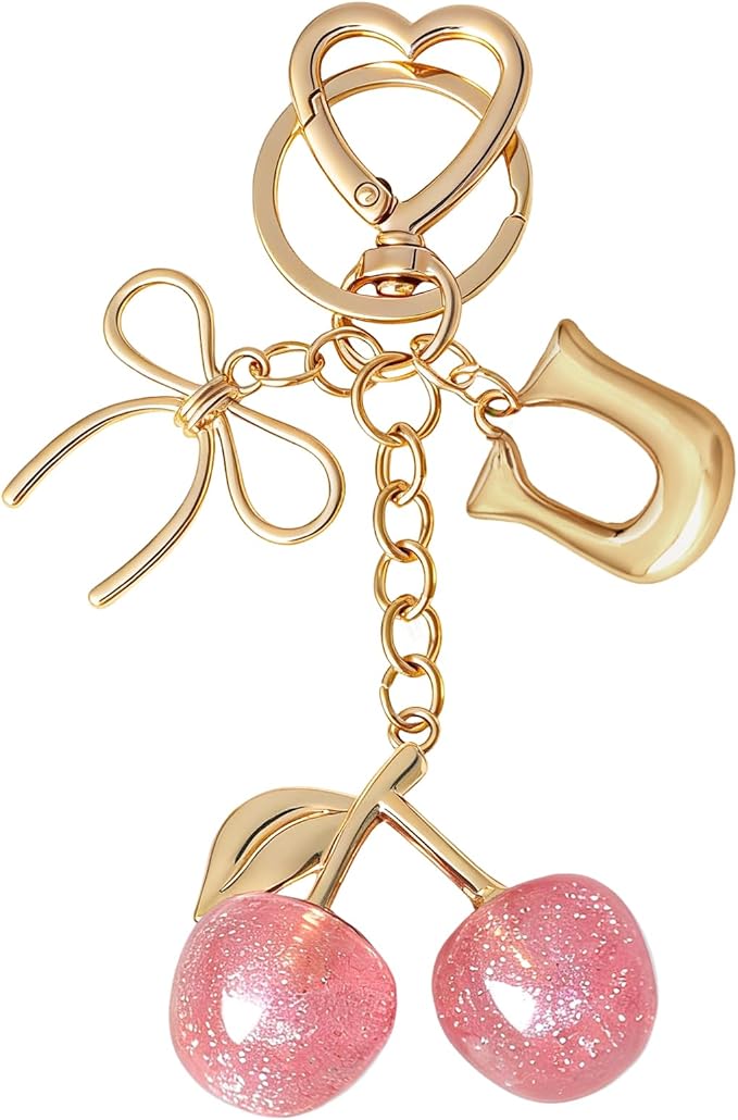 Snycler Bubble Initial Keychain with Cherry & Bow - Gold Letter Bag Charms for Women, Cute Purse Handbag Accessories