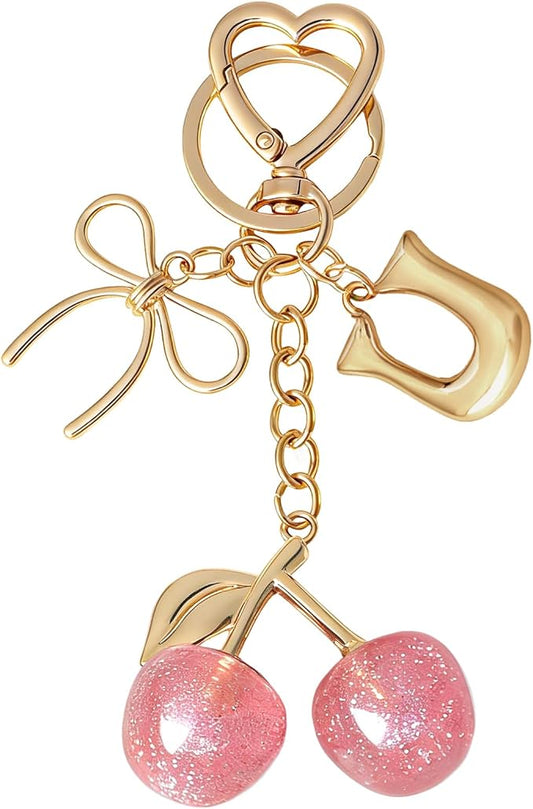 Snycler Bubble Initial Keychain with Cherry & Bow - Gold Letter Bag Charms for Women, Cute Purse Handbag Accessories