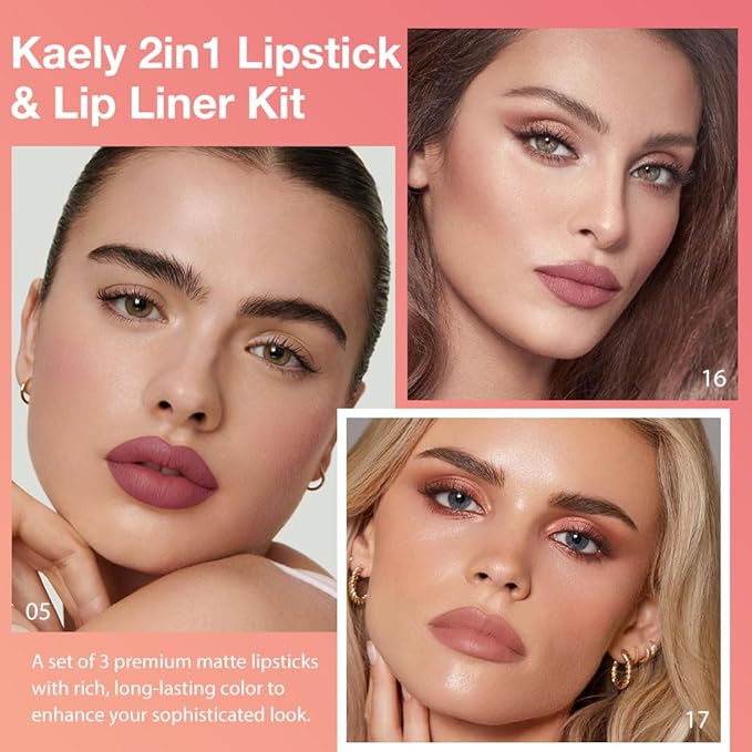 evpct 3Pcs Mauve Antique Dusty Rose Nude Pink Gradient Matte Lipstick Lip Liner Crayon Combo Pencil Set for Women Long Lasting, Cream Lip Liner and Lipstick Combo Makeup，Flawless Gradual Ombre Effect