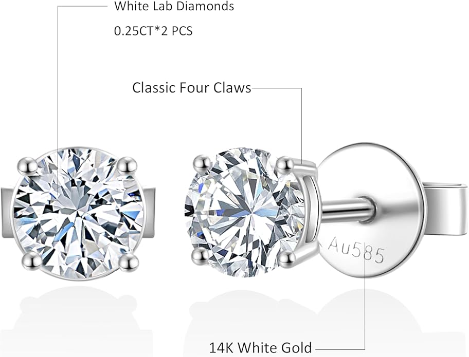 14K White Gold Lab Grown Diamond Stud Earrings, 0.5-2.00 Ct Round IGI Certified, E-F Color VS1-VS2 Clarity, Push Back Setting