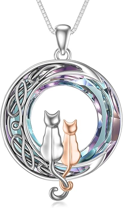 TOUPOP Cat Gifts for Cat Lovers One Two Three Four Cats Necklace Sterling Silver Cats on the Moon Pendant Necklace with Blue Circle Crystal Birthday Christmas Celtic Jewelry Gifts for Women