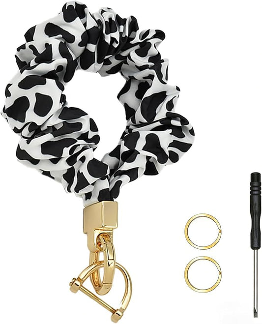 Scrunchie Wristlet Keychain for Women Men, Cute Stretchy Wrist KeyChain for Car Keys with 3 Keyrings and 1 D ring