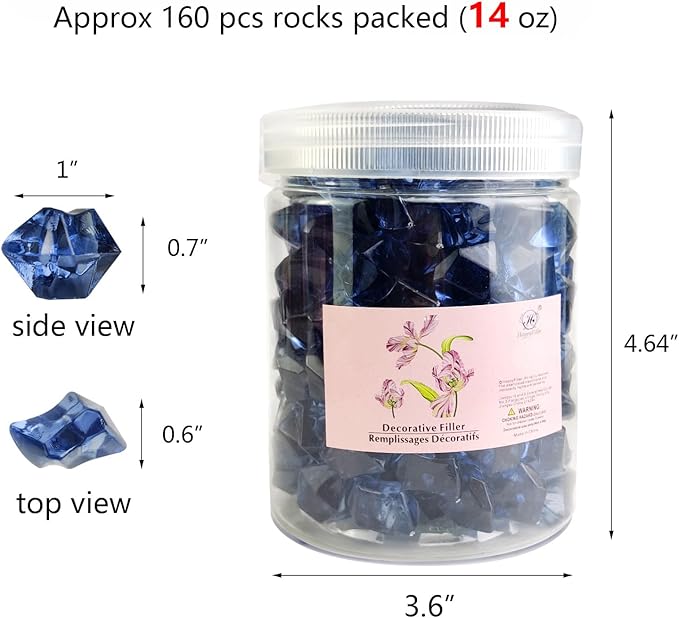 HappyFiller Fall Decoration Grey Blue Fake Crystal Dazzlers Acrylic Ice Rocks 160 PCS Faux Cubes Stones for Vase Fillers,Wedding Centerpieces,Party Decor,Table Scatter,Home Accents,14 OZ