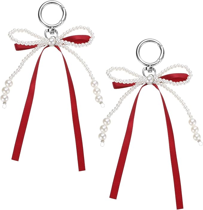 MECCANIXITY Pearl Bow Keychain, Y2k Aesthetic Imitation Pearl Bowknot Ribbon Keyring for Tote Bags Purse Handbag Charm