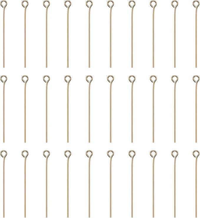 HARFINGTON 100pcs Open Eye Head Pins 1.38" 35mm Mini Metal Wire Eye Pins Beading Small Needles Bulk for Earring Pendant Necklace Bracelet Charm Jewelry Making Findings, Champagne Gold