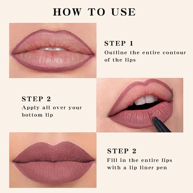2Pcs Longwear Liquid Lip Liner Stain Marker Pen Set Long Lasting Waterproof, Maroon Dusty Mauve Purple Matte 24 Hour Lip Liner and Lipstick Combo Korean Color Stay Lipliner All Day Lips Stain peel off