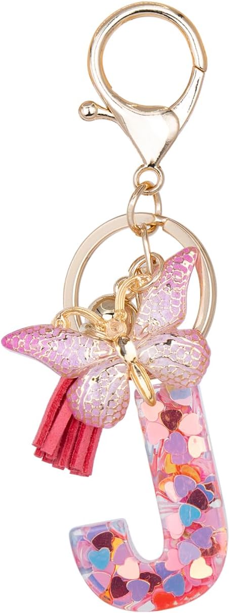Initial Keychain Cute Pink Resin Letter and Butterfly Charms Keychains for Backpack Purses
