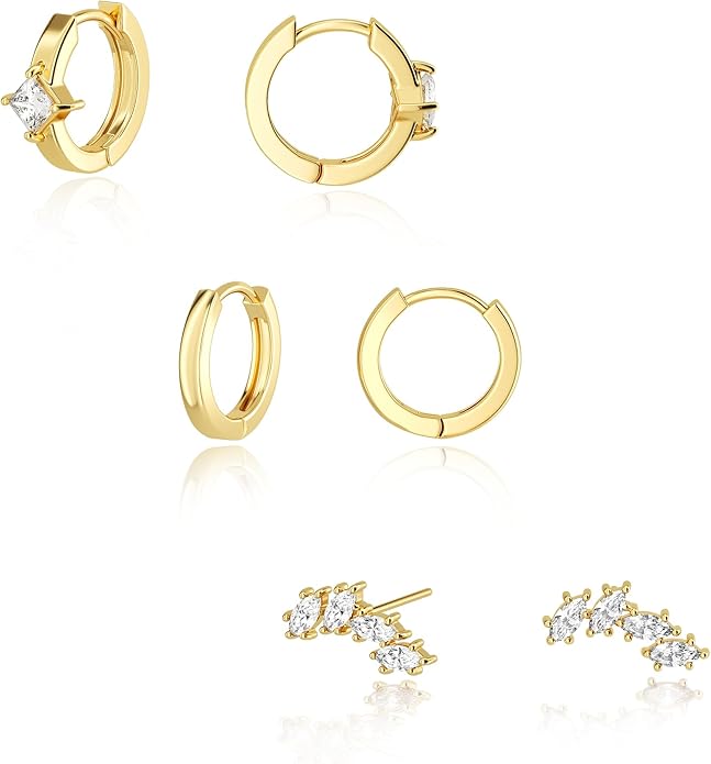 Freekiss 3 Pairs Gold Hoop Earrings Set: Dainty Stud Earrings Trendy Small 14K Gold Plated Hypoallergenic Dangle Cartilage Huggie Hoop Earrings for Women Gold Jewelry for Women Gifts