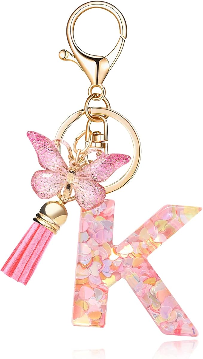 Fashion Alphabet Initial Letter Keychain Tassel Butterfly Pendant Key Ring for Purse Handbags Women Girl