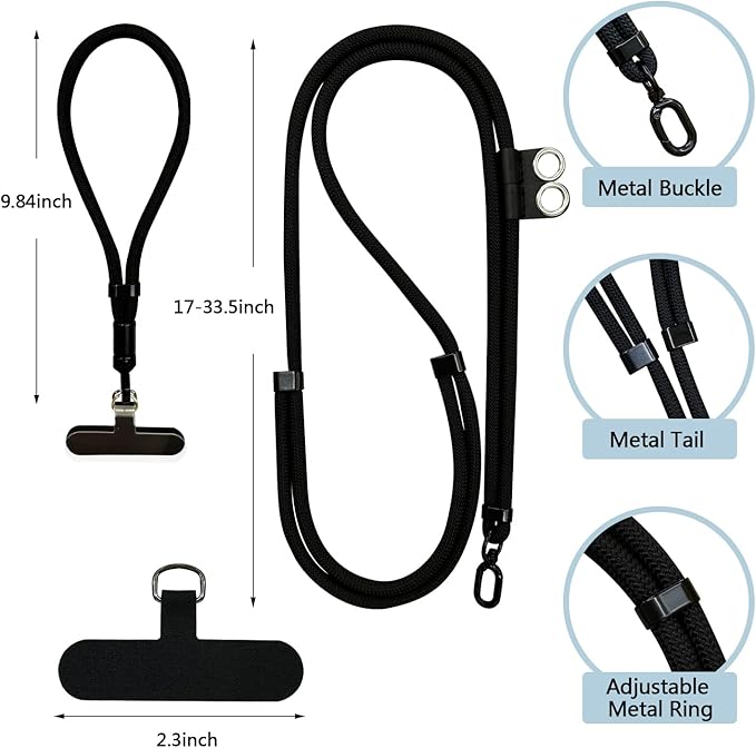 2 Pack Phone Lanyard and Wrist Strap Set, Black Adjustable Crossbody Neck Strap & Secure Phone Wrist Strap with 4 Pcs Tether Tabs, Universal Multifunctional for Most Smartphones iPhone Android