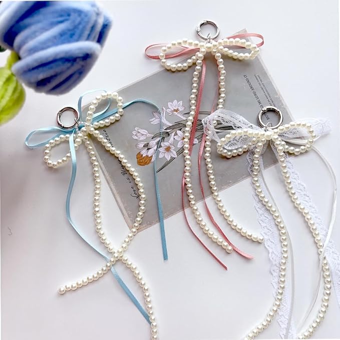 Pearl Bow Keychain Cute Y2k Lace Bowknot Keychain Coquette Aesthetic Accessories Bag Purse Handbag Backpack Charm