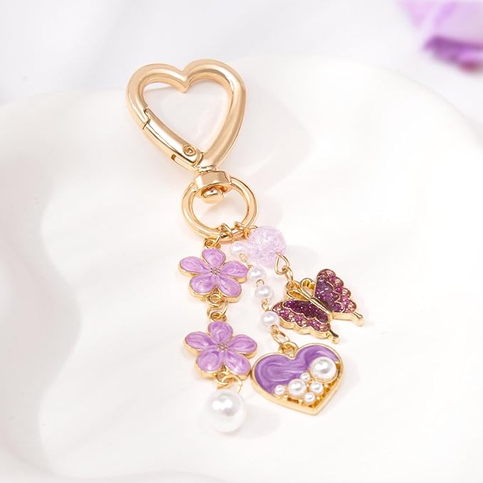 Y2K Keychain Set Heart Butterfly Pearl Flower Bag Charms,Cute Aesthetic Accessories for Women Gifts Keys Bags Purse