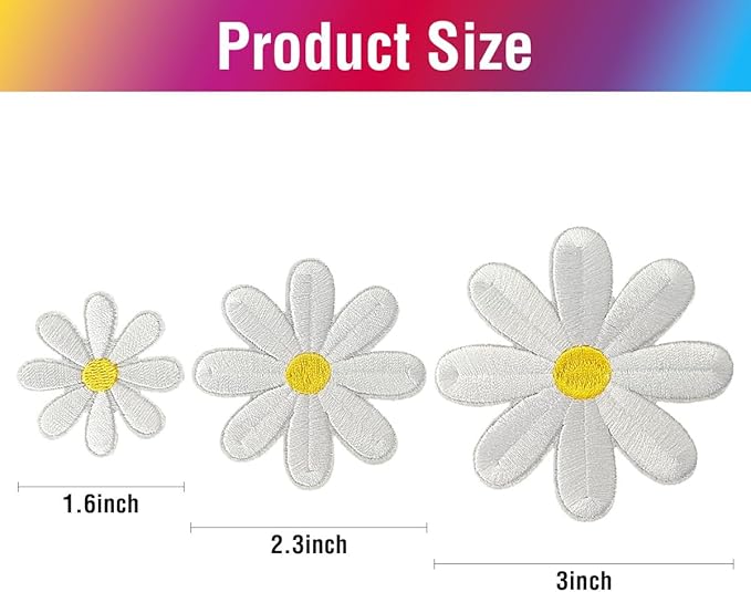 WILDREEDS 25 Pieces 3 Sizes Daisy Flower Iron on Patches, Iron Flower Embroidered Patch for Clothing, T-Shirt, Backpacks, Hats, Jeans, Jackets