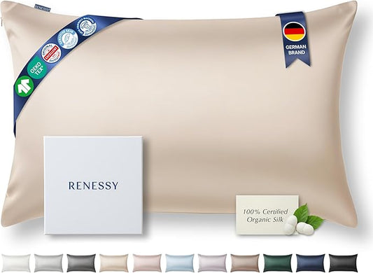 RENESSY Premium Silk Pillowcase 100% Organic Mulberry Silk, 22 Momme, Grade 6A - Oeko-Tex Certified in Germany - Luxury for Hair & Skin, 1 Piece (Queen Size 20x30 Inches, Champagne)