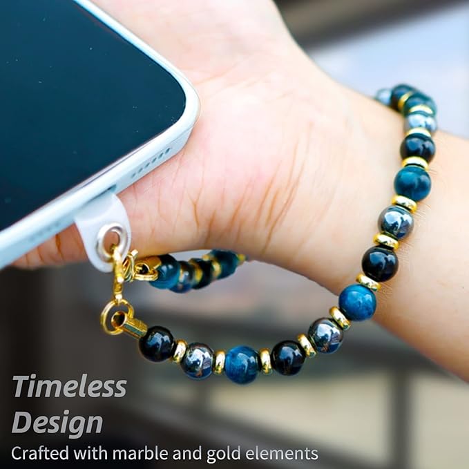Marble Beaded Phone Wrist Strap,Detachable Phone Bracelet Strap with Tether Tab,Hands-Free Wristlet Strap (Blue Tiger Eye)