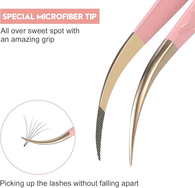 Ms.Queen Curved Tweezers for Eyelash Extensions,Diamond Grip Curved Volume Tweezers Fiber Tip Isolation Lash Tweezers