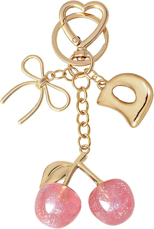 Snycler Bubble Initial Keychain with Cherry & Bow - Gold Letter Bag Charms for Women, Cute Purse Handbag Accessories