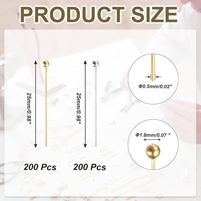 PATIKIL 1 Inch Ball Pins, Jewelry Making Headpins Straight Pins Findings Bendable for DIY Craft Bracelet Necklace Earring Pendant Making Supplies-400Pcs(Silver Gold)
