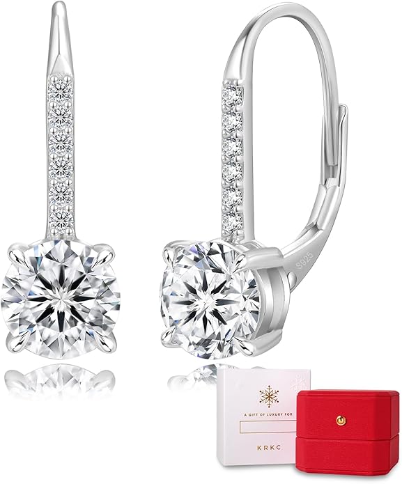 KRKC Moissanite Earrings, 1.0ct-2.0ct D Color Lab Created Diamond Earring, 14k White Gold Plated Sterling Silver Dangle Earrings S925 Leverback Drop Earring for Women Hypoallergenic Jewelry for Gifts