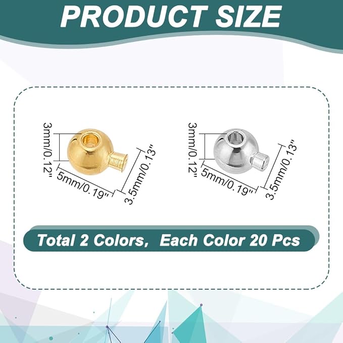 arricraft 40 Pcs 2 Colors Brass Crimp Beads, Round Ball and Column Shaped Fold Over Cord Ends Metal Crimp End Tips Knot Covers Wire Guardians for DIY Jewelry Making, 1mm Hole