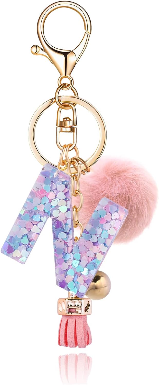 Resin Alphabet Initial Letter Keychain Keyring for Women Purse Handbags With Fur Ball Pom