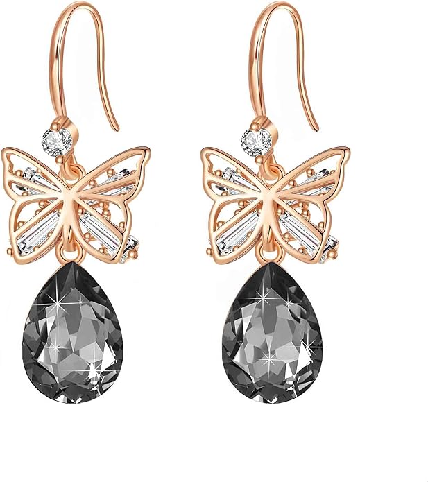 Austrian Crystal Teardrop Butterfly Drop Dangle Earrings for Women 14K Rose Gold Plated Hypoallergenic Jewelry