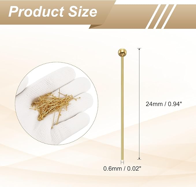 HARFINGTON 100pcs Ball Head Pins 0.94" 24mm Round Head Pins for Earring Pendant Necklace Bracelet Charm Jewelry Making Findings DIY Craft, 18K Gold
