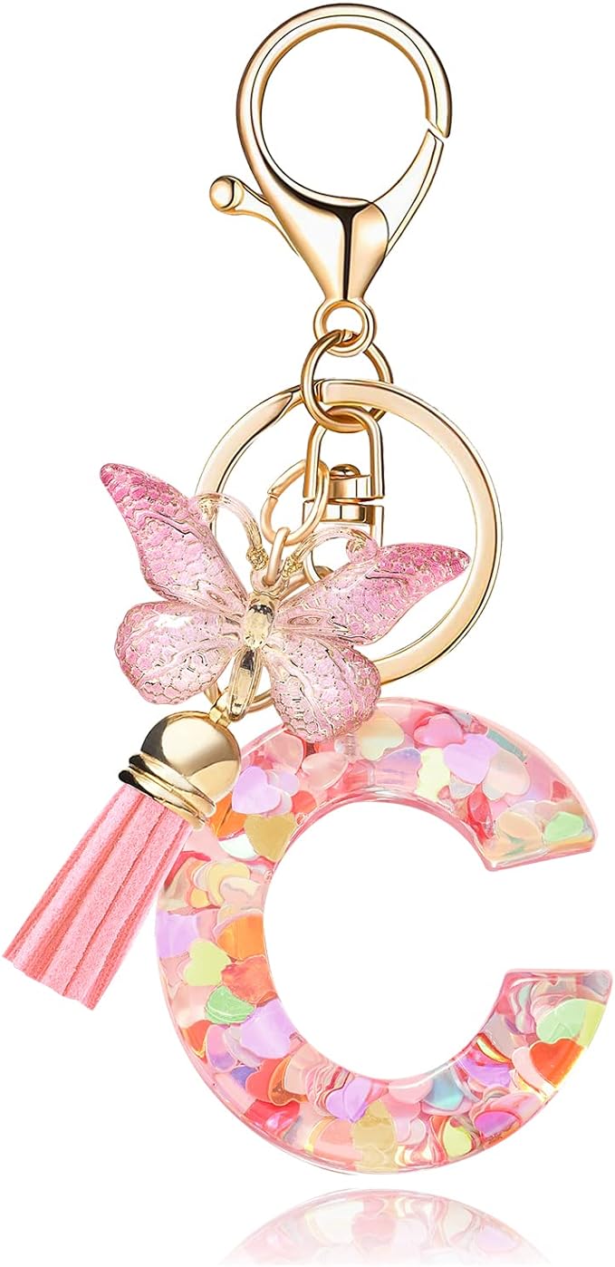 Fashion Alphabet Initial Letter Keychain Tassel Butterfly Pendant Key Ring for Purse Handbags Women Girl