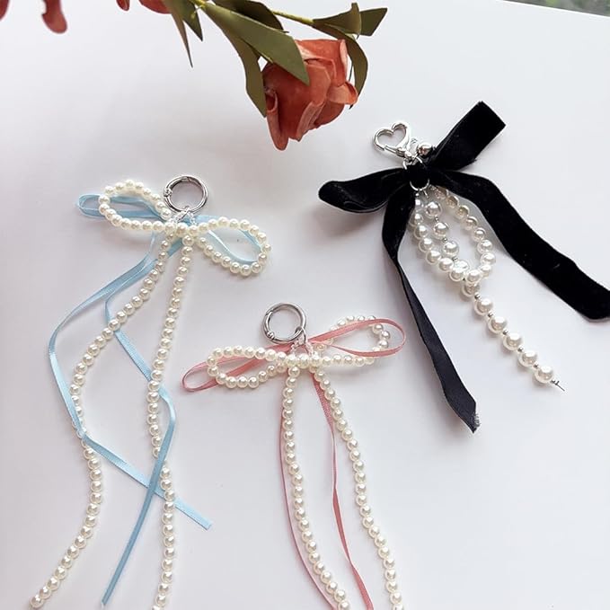 Pearl Bow Keychain Cute Y2k Lace Bowknot Keychain Coquette Aesthetic Accessories Bag Purse Handbag Backpack Charm