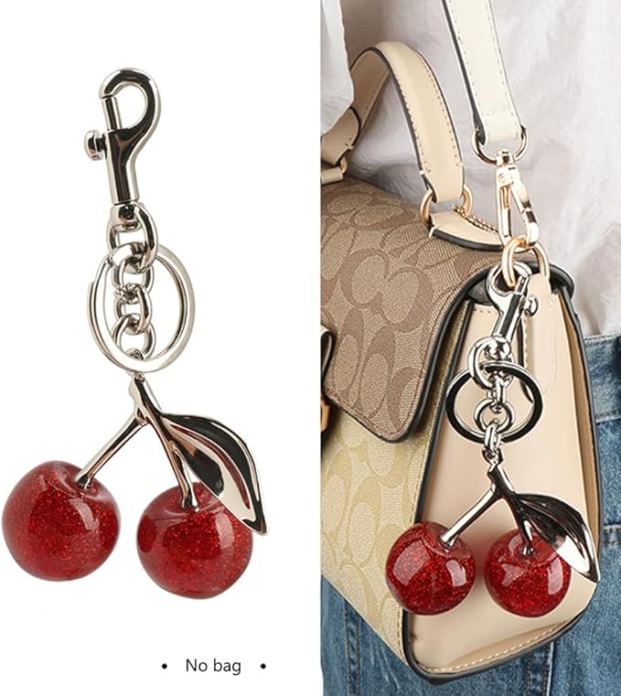 Cherry Keychain for Purse - Resin Alloy Silver Cherry Bag Charm，Cute Fruit Accessory for Women/Gift/Home/Car