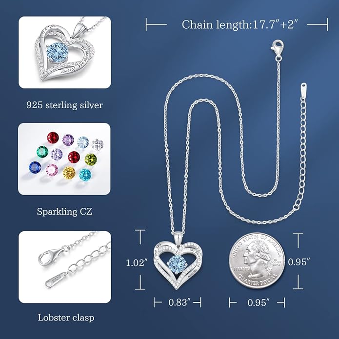 CDE Forever Love Heart Necklaces for Women, Wedding Anniversary, Birthday Mothers Day Christmas Day Gifts for Mom, Mother, Wife, friend, S925 Silver Jewelry with Birthstone Pendant
