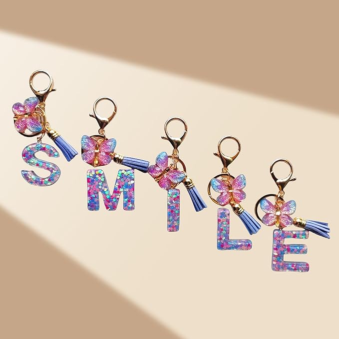 Cute Initial Letter Keychains for Women Girls Tassel Butterfly Pink Purple Green Keychain for Backpack School Bag