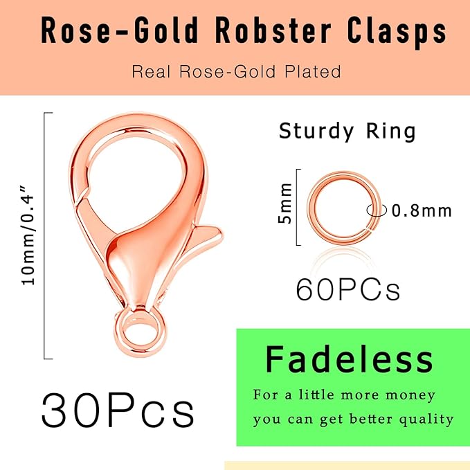 90PCs Fadeless Lobster Claw Clasps & Jump Rings for Jewelry Making, Necklace Bracelet Findings & Supplies (Rose Gold Plated)
