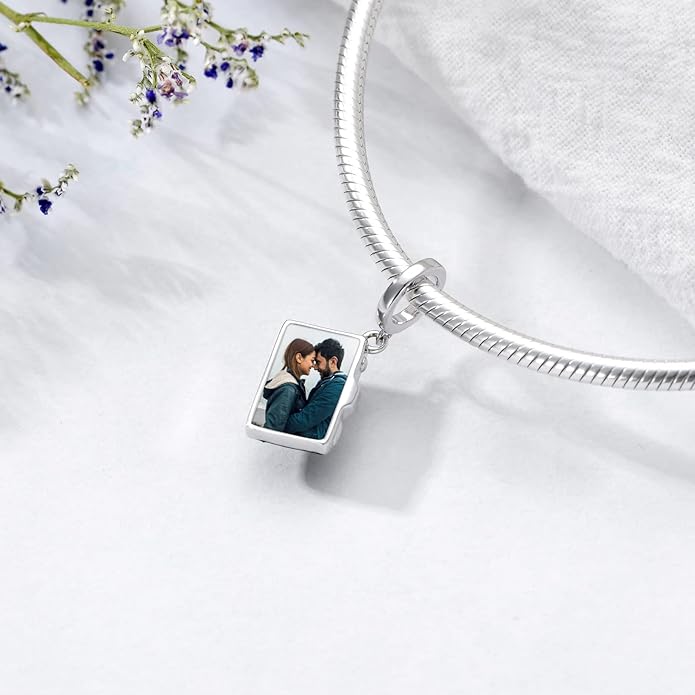 LONAGO 925 Sterling Silver Personalized Photo Charm Fit Snake Bracelet Necklace Customized Image Picture Bead for Women