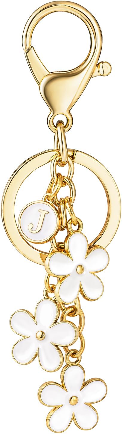 SELOVO Initial Keychain White/Pink/Black Cute Keychain Girl Purse Charms for Handbag Cute Letter Flower Keyring for Backpack