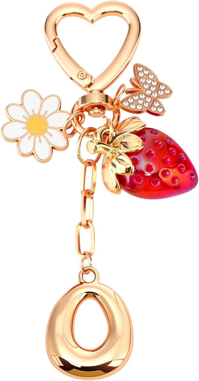 Strawberry Initial Keychain for Women-Cute Kawaii Gold Alphabet Bag Charms, Key chain Gift for Purse Handbag