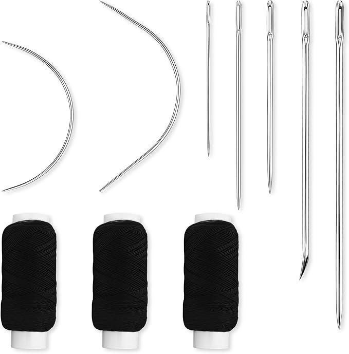 Needle and Thread Set, Hair Weave Extension Needle, 3PCS Wax Thread Black with 1Set Wig Sewing Needl, Threads for Making Wig Hand Sewing Hair Weave Extension, C J Shape Curved Needle ﻿