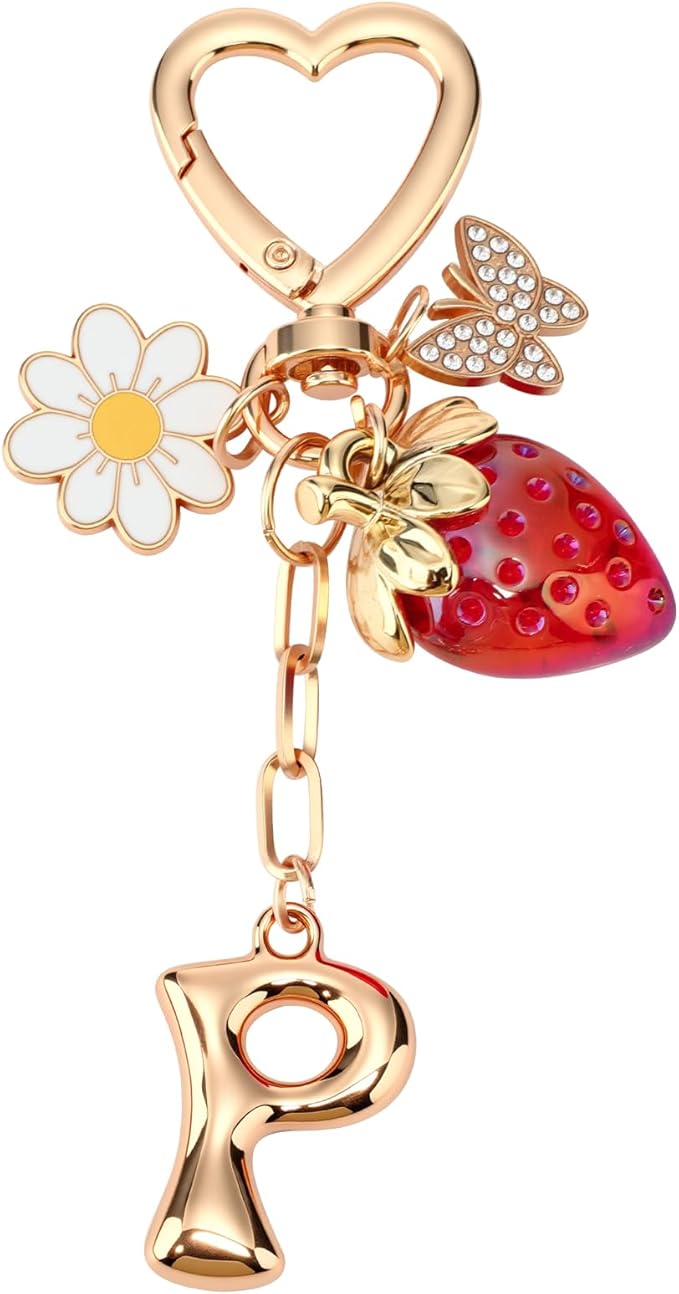 Strawberry Initial Keychain for Women-Cute Kawaii Gold Alphabet Bag Charms, Key chain Gift for Purse Handbag