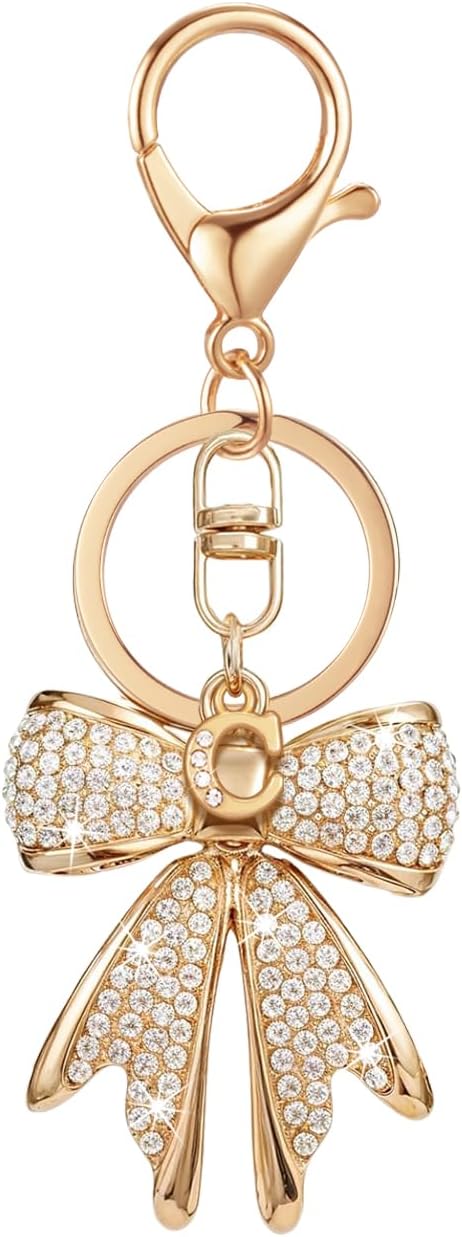 XGALBLA Sparkly Cute Initial Letter Rhinestone Bow Keychain for Women Gold Tone Bag Charms Coquette Aesthetic Purse Charms