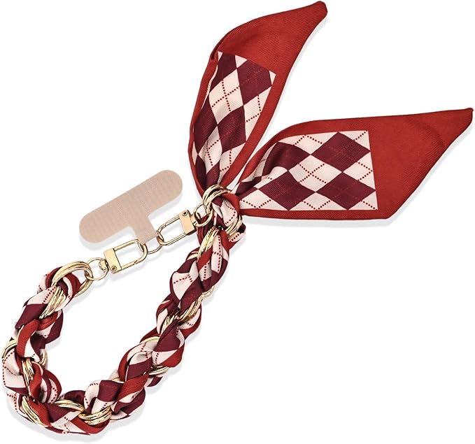 Fycyko Phone Wrist Strap with Gold Metal Scarf and Universal Tether Tab, Aesthetic Print Design Ribbon Chain, Multi-Purpose Accessories for Bag Key Cellphone for Men Women Girls-Red Checkerboard