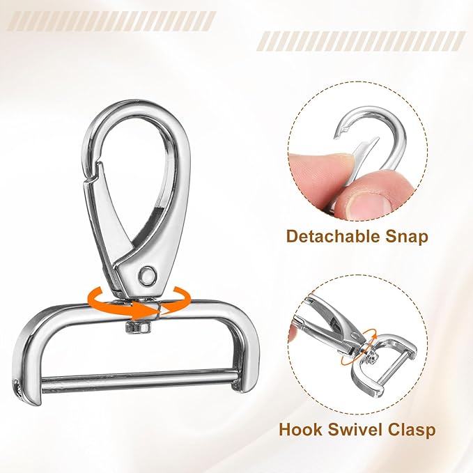 HARFINGTON 2Pcs Detachable Snap Hook Swivel Clasp 1 1/2" D Ring with Swivel Lobster Claw Clasps Hook for Purse Strap Keychain Bag DIY Craft, Silver