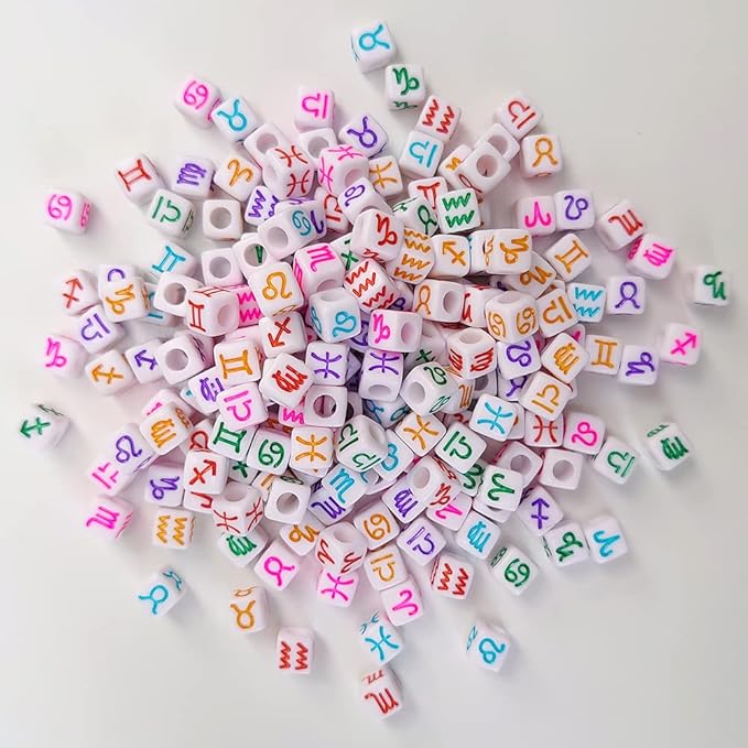 200+ Pieces 7x7mm White Cube Acrylic Alphabet Zodiac Charms Constellation Beads Mixed Plastic Shape Loose Beads for Jewelry Making Bracelets Necklaces Key Chains (Colorful on White)